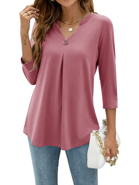 Casual V-Neck Loose Fit Blouse with Mid-Length Sleeves