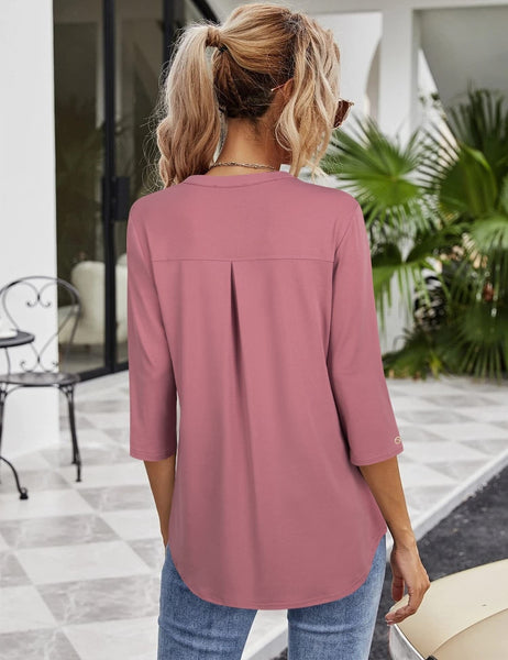 Casual V-Neck Loose Fit Blouse with Mid-Length Sleeves