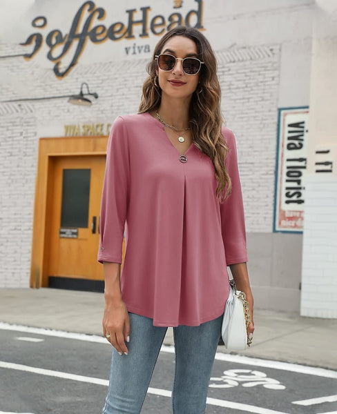 Casual V-Neck Loose Fit Blouse with Mid-Length Sleeves