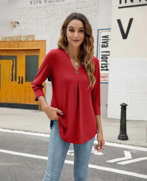 Casual V-Neck Loose Fit Blouse with Mid-Length Sleeves