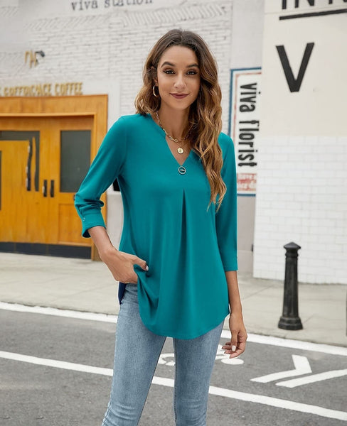 Casual V-Neck Loose Fit Blouse with Mid-Length Sleeves