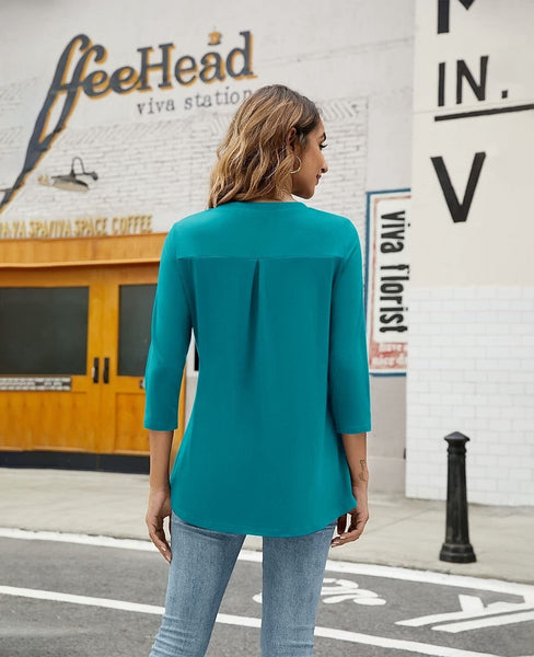 Casual V-Neck Loose Fit Blouse with Mid-Length Sleeves