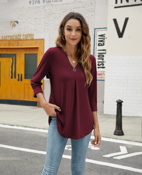 Casual V-Neck Loose Fit Blouse with Mid-Length Sleeves