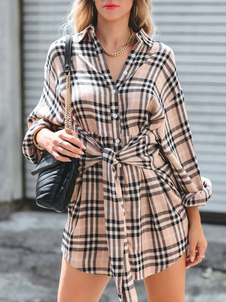 Check Print Buttons Lace-Up Shirt Dress