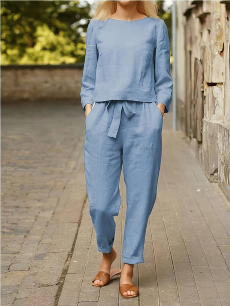 Chic Belted Pocket Trousers & Solid Long Sleeve Top Suit