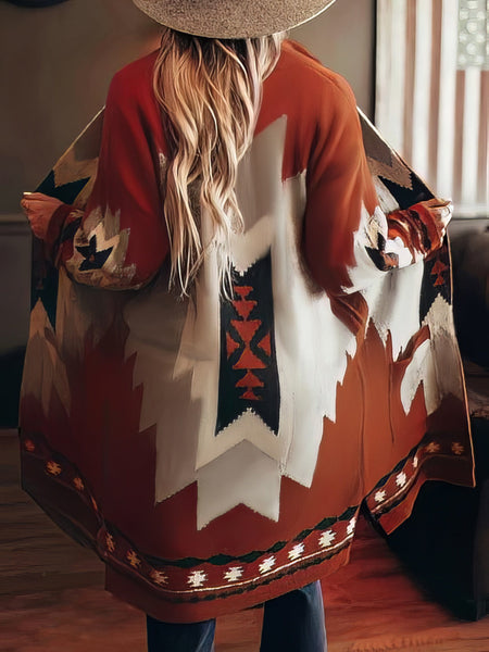 Women's Southwest Geometric Open-Front Longline Cardigan