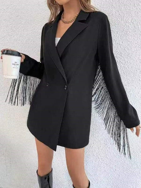 Chic Lapel Button Fringe Long Sleeve Blazer