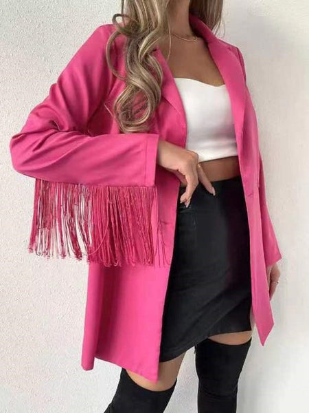 Chic Lapel Button Fringe Long Sleeve Blazer