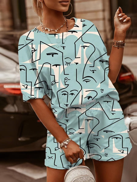 Chic Printed Two-Piece Set with Short Sleeve T-Shirt & Shorts