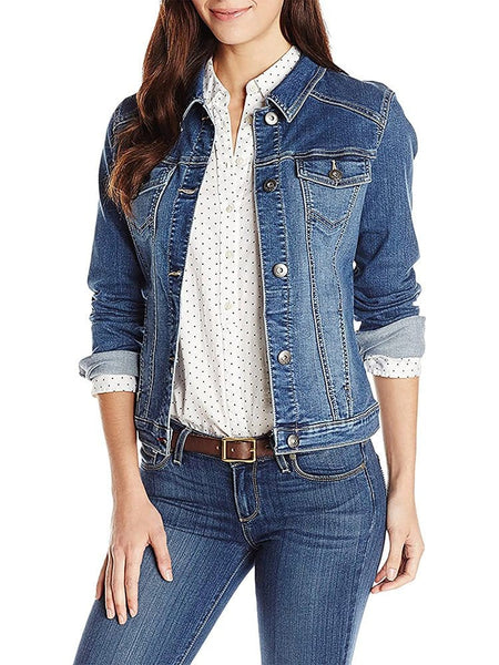 Women's Classic Buttoned Pocket Blue Denim Jacket