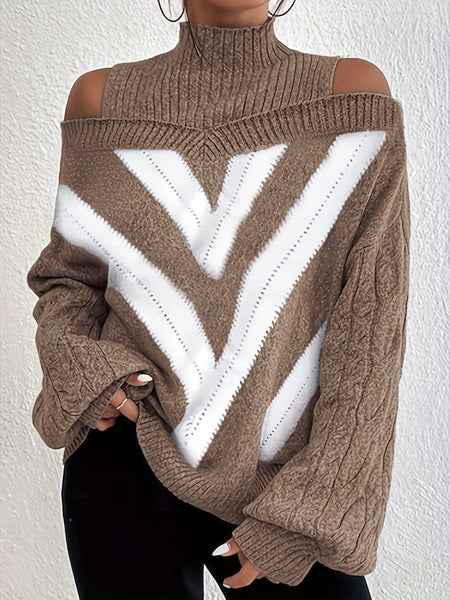Women's Plus Size Geometric Print Cold Shoulder Turtle Neck Sweater