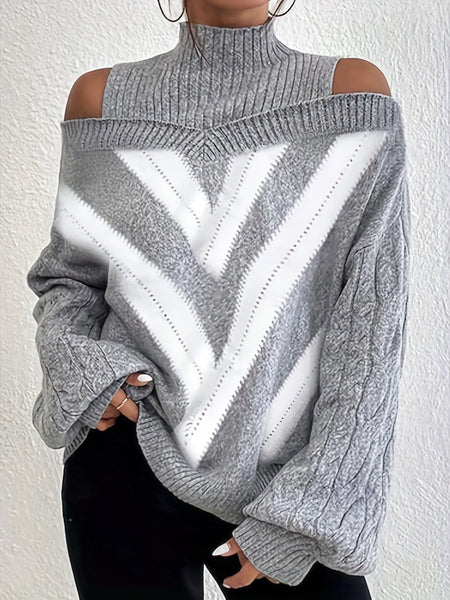 Women's Plus Size Geometric Print Cold Shoulder Turtle Neck Sweater