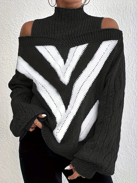 Women's Plus Size Geometric Print Cold Shoulder Turtle Neck Sweater