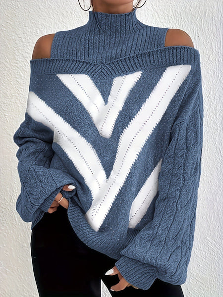 Women's Plus Size Geometric Print Cold Shoulder Turtle Neck Sweater