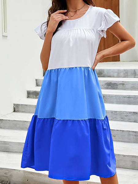 Color Block Round Neck Mini Dress with Ruffled Sleeves