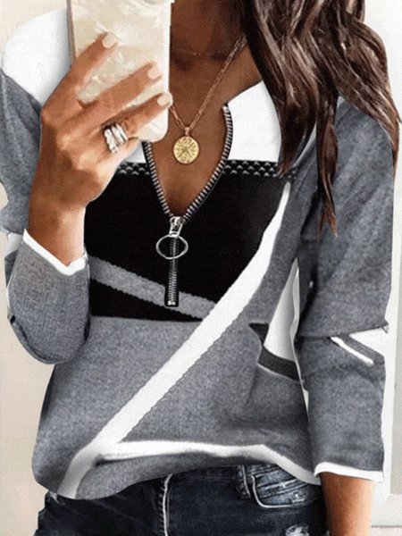 Zip-Up V-Neck Striped Sweater