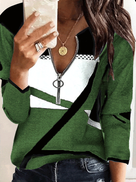 Zip-Up V-Neck Striped Sweater