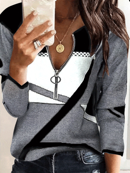 Zip-Up V-Neck Striped Sweater