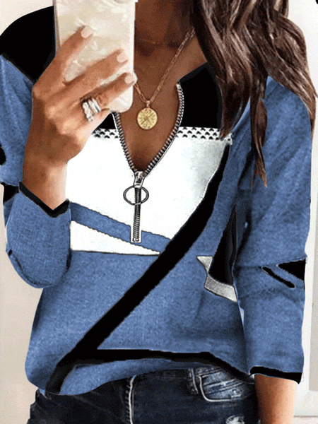 Zip-Up V-Neck Striped Sweater