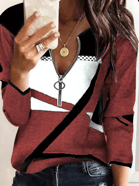 Zip-Up V-Neck Striped Sweater