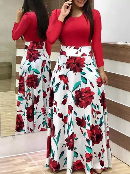Colorful Printed Maxi Dress with Waist-Cinching Design