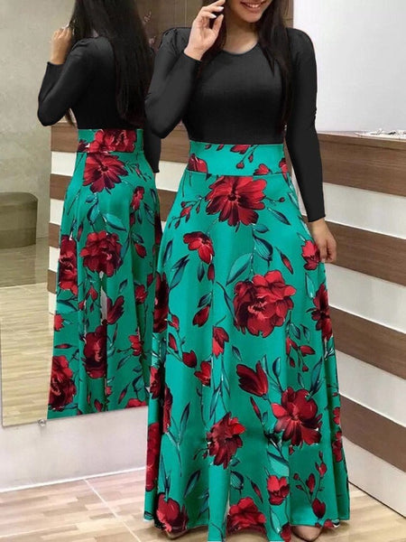 Colorful Printed Maxi Dress with Waist-Cinching Design