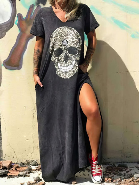 Edgy Skull Print V-neck T-shirt Dress with Side Slit
