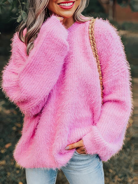 Cozy Round Neck Faux Fur Long Sleeve Sweater