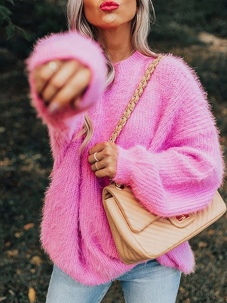 Cozy Round Neck Faux Fur Long Sleeve Sweater