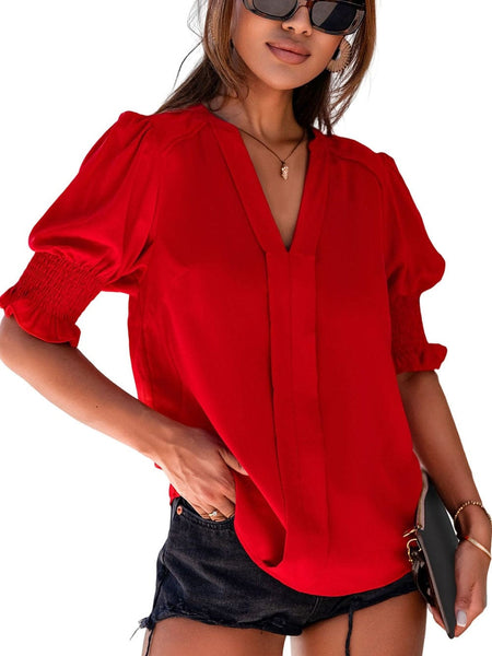 Crimson V-Neck Puff Sleeve Top with practical styling and dependable silhouette control.