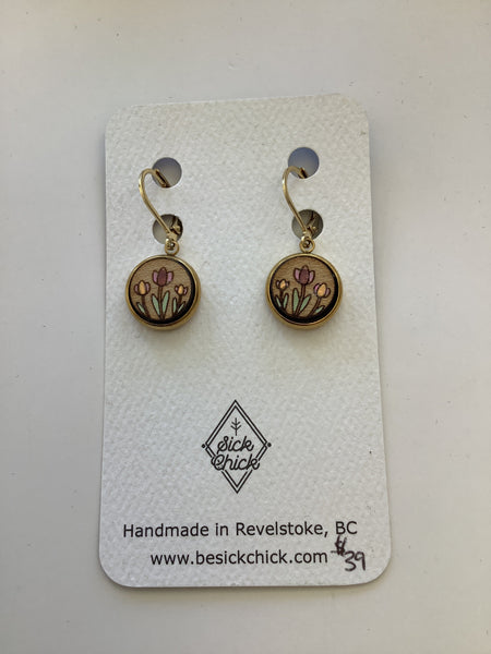 Purple Tulips Wooden Dangle Earrings - Sick Chick (Revelstoke, BC)
