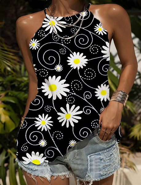 Daisy Print Tank Tops with Loose Fit and Round Neck