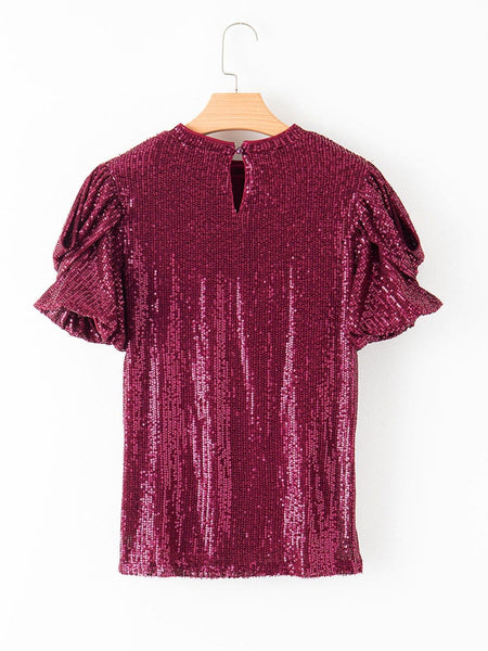 women's burgundy sequin puff sleeve blouse with relaxed silhouette made for easy styling and wardrobe coordination, with premium-like structure and