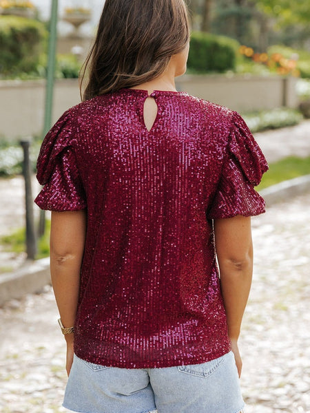 women's burgundy sequin puff sleeve blouse with relaxed silhouette made for easy styling and wardrobe coordination, with premium-like structure and