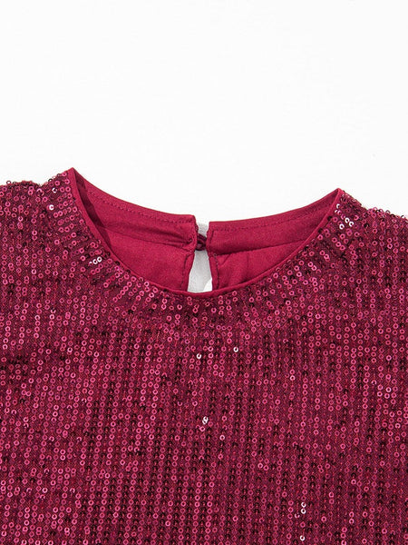 women's burgundy sequin puff sleeve blouse with relaxed silhouette made for easy styling and wardrobe coordination, with premium-like structure and