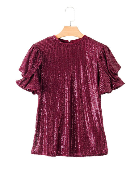 women's burgundy sequin puff sleeve blouse with relaxed silhouette made for easy styling and wardrobe coordination, with premium-like structure and