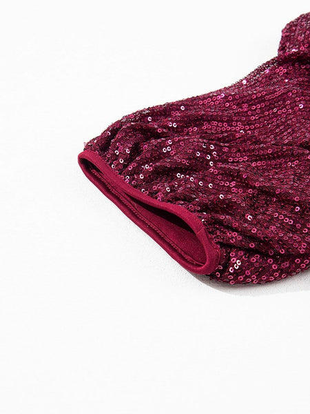 women's burgundy sequin puff sleeve blouse with relaxed silhouette made for easy styling and wardrobe coordination, with premium-like structure and