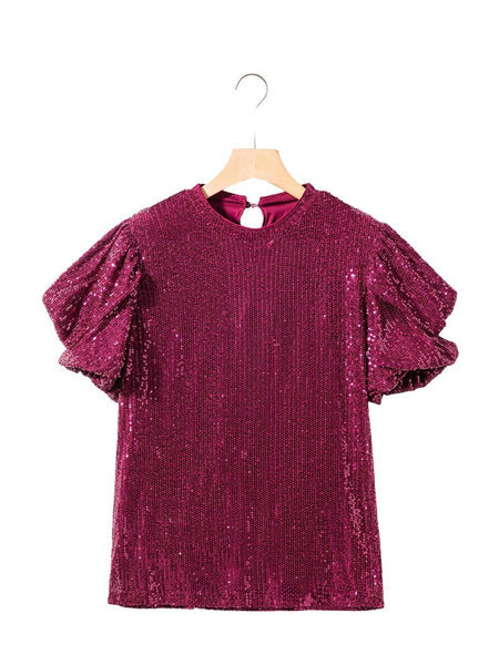 women's burgundy sequin puff sleeve blouse with relaxed silhouette made for easy styling and wardrobe coordination, with premium-like structure and