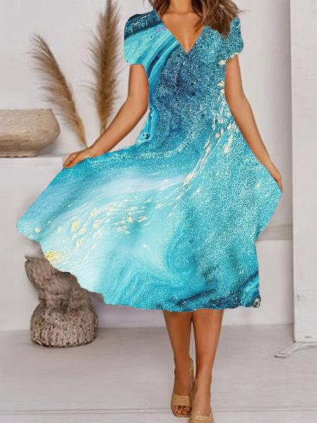 Dreamy V-Neck Art Print Dress with Short Sleeves