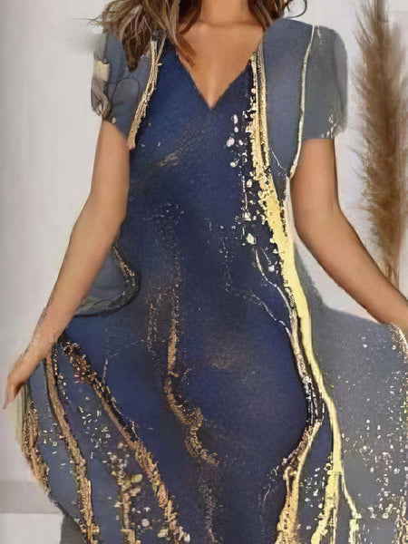 Dreamy V-Neck Art Print Dress with Short Sleeves