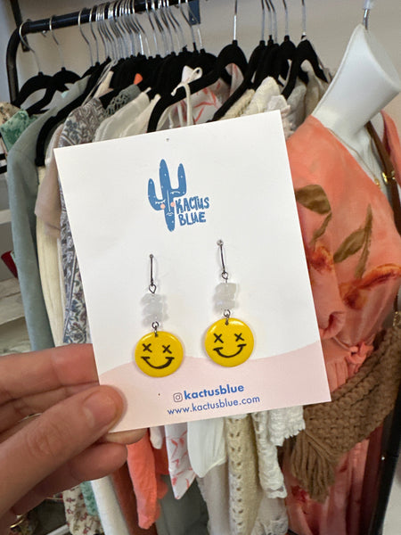 Kactus Blue Smiley Dangle Earrings