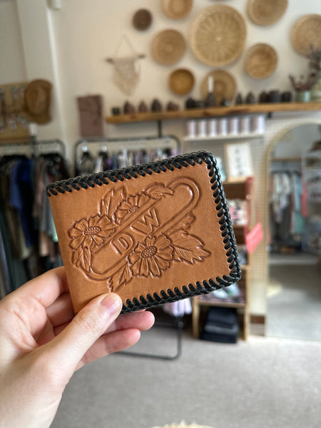 Vintage Hand Carved DW Initial Leather Wallet