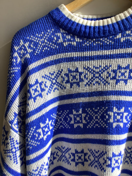 Vintage 80s Blue & White Fair Isle Knit Sweater