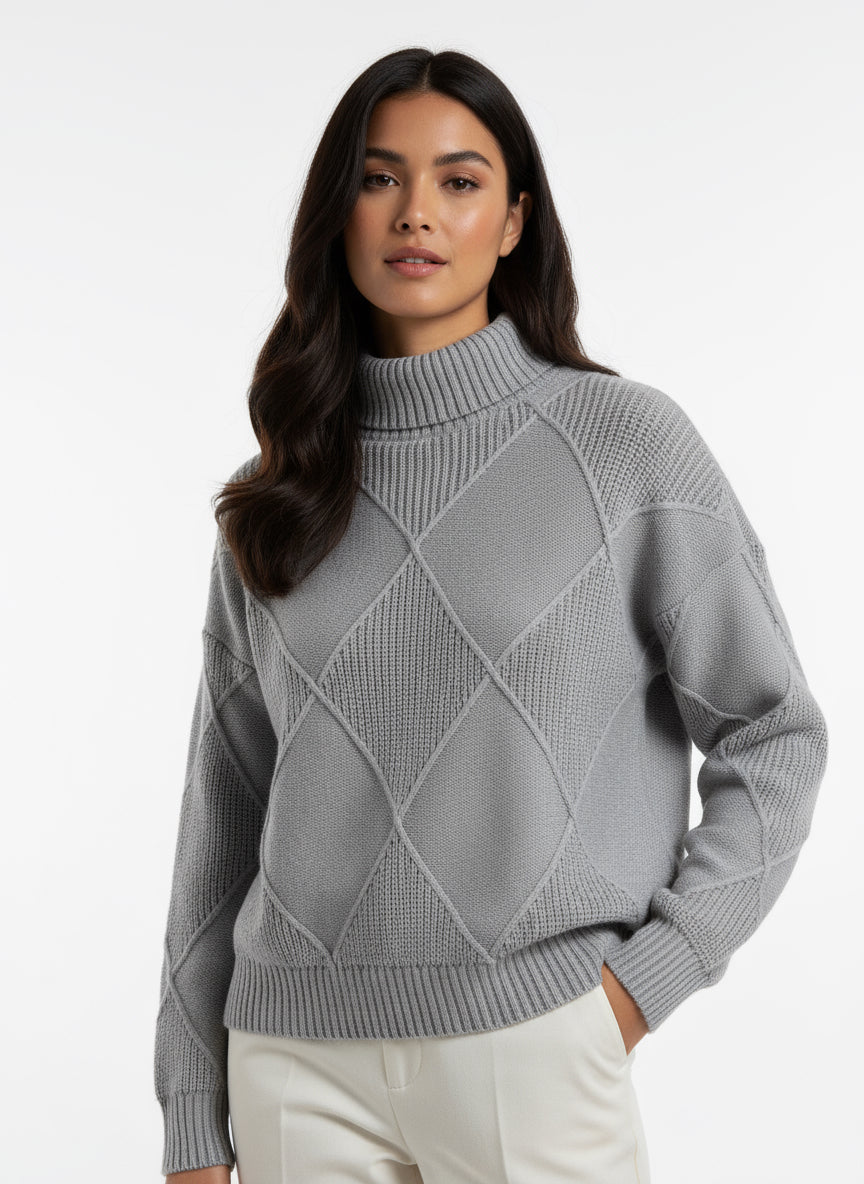 Vintage Grey Diamond-Patterned Turtleneck Sweater
