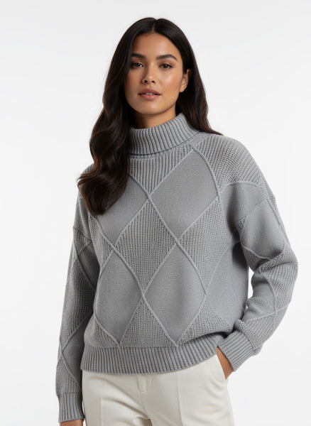 Vintage Grey Diamond-Patterned Turtleneck Sweater
