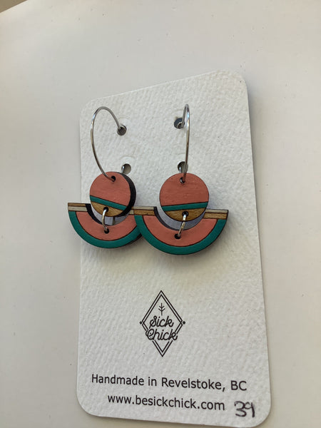 Geometric Semicircle + Circle wooden dangle earrings- Sick Chick (Revelstoke, BC)