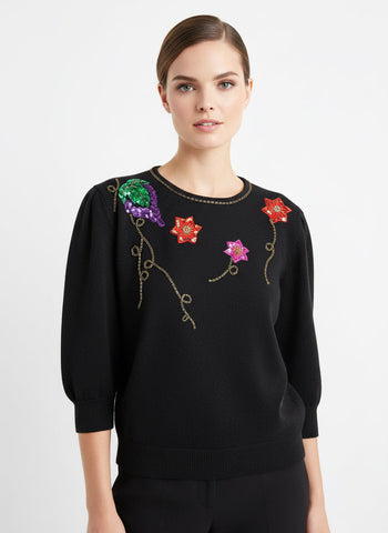 Vintage 80s Sequin Floral Embellished Sweater