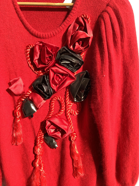 Cross Roads Red Angora Sweater w/ Satin Rose Detail