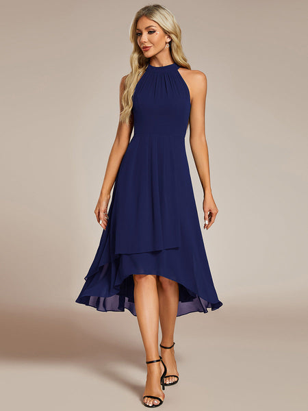 Elegant Halter Neckline Asymmetric Midi Lining Length fold stream Empire Waist Chiffon Dresses