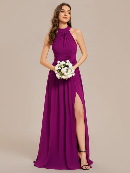 Wholesale Chiffon Halter Neckline Sleeveless Evening Dresses